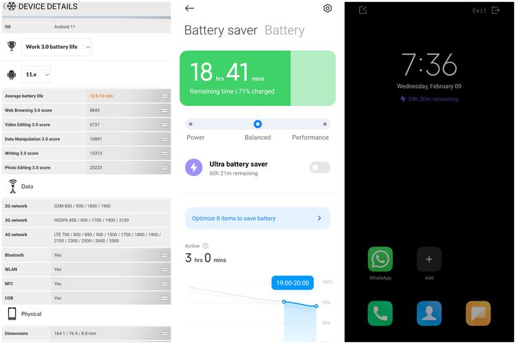 Tampilan pengujian baterai Xiaomi 11T untuk benchmark battery life di PCMark (kiri), fitur battery saver di Xiaomi 11T (tengah), dan tampilan mode Ultra battery saver ketika diaktifkan (kanan).