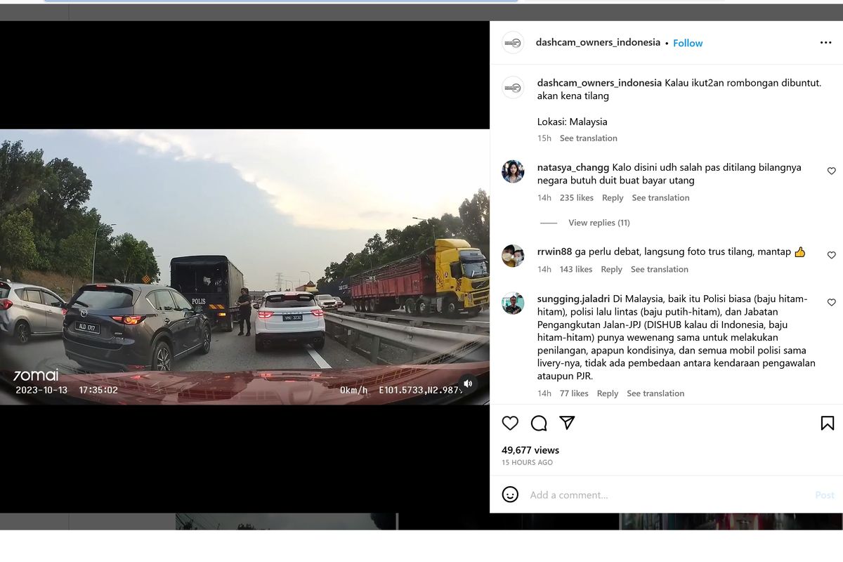 Video viral di dunia maya bagaimana polisi di Malaysia menilang pengemudi yang ikut rombongan pengawalan. 