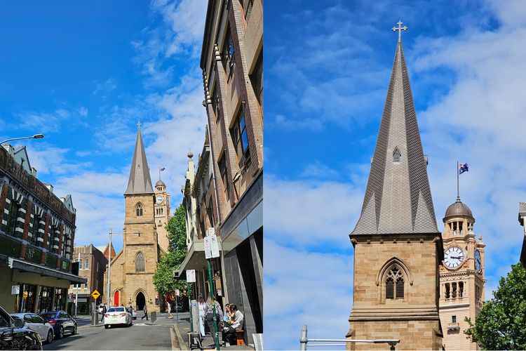Kamera Galaxy S23 Ultra sangat baik dalam menangkap detail bangunan Christ Church St Laurence di Haymarket, Sydney, Australia.