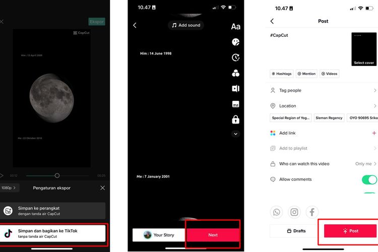 Ilustrasi cara mengunggah video moon phase yang dibuat dari CapCut ke TikTok.