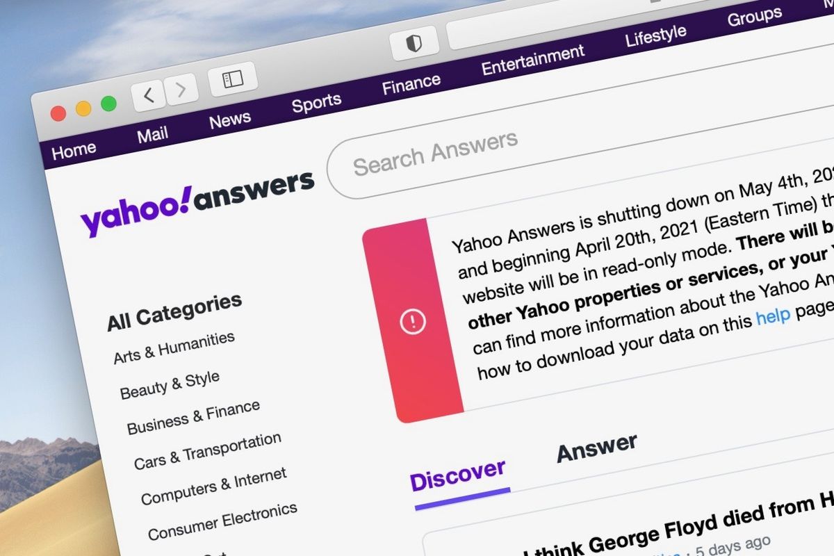 Ilustrasi laman Yahoo Answer yang menginformasikan penutupan layanan.