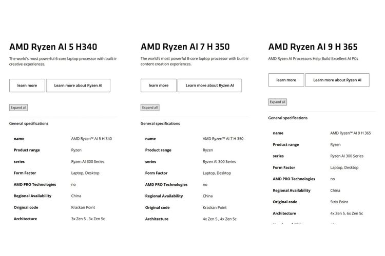 Ilustrasi laman spesifikasi AMD Ryzen AI H 300 Series versi China.