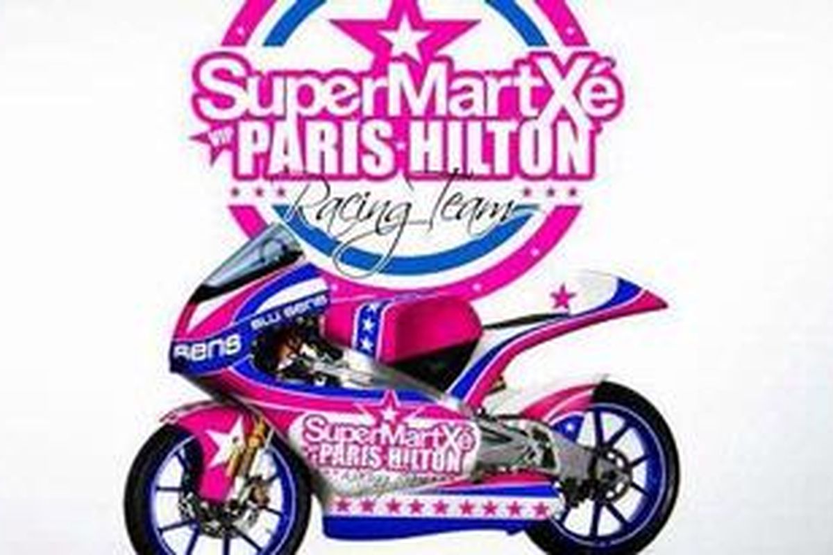 Penampilan tim SuperMartxe VIP milik Paris Hilton, yang akan tampil di kelas 125 cc balap motor musim 2011.