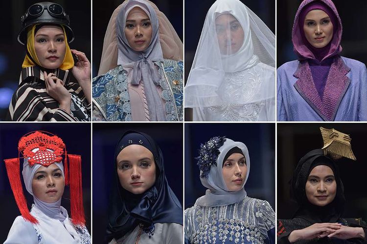 Kompilasi sejumlah model memperagakan kreasi hijab pada Muslim Fashion Festival 2018 di Jakarta Convention Center, Jumat (20/4/2018). Ajang peragaan busana yang bertujuan menjadikan Indonesia sebagai pusat mode muslim dunia itu diselenggarakan mulai 19-22 April, serta melibatkan 100 desainer lokal dan internasional.