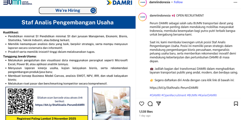 Perum DAMRI membuka lowongan kerja untuk posisi Staf Analis Pengembangan Usaha. Lowongan kerja ini terbuka bagi lulusan S1 Manajemen, Ekonomi, Bisnis