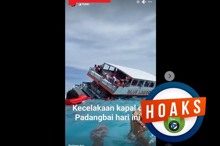 Tangkapan layar Facebook narasi yang mengeklaim menampilkan kapal Blue Lagoon Island mengalami kecelakaan di pelabuhan Padangbai, Kabupaten Karangasem, Bali.