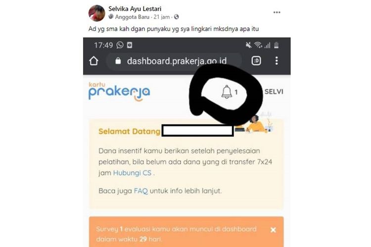 Tangkapan layar unggahan soal logo lonceng di dashboard Kartu Prakerja.