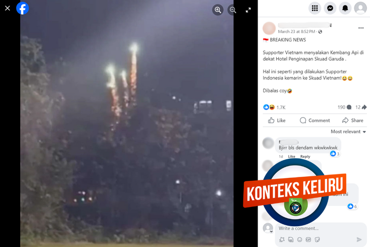 Tangkapan layar konten dengan konteks keliru di sebuah akun Facebook, Sabtu (23/3/2024),  soal suporter Vietnam yang menyalakan kembang api dekat hotel Timnas Indonesia.