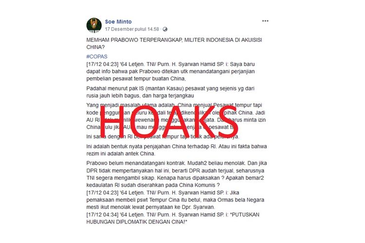 Tangkapan layar dari berita bohong Menteri Pertahanan Prabowo Subianto yang disebut ditekan oleh China untuk menandatangani perjanjian pembelian pesawat tempur buatannya.