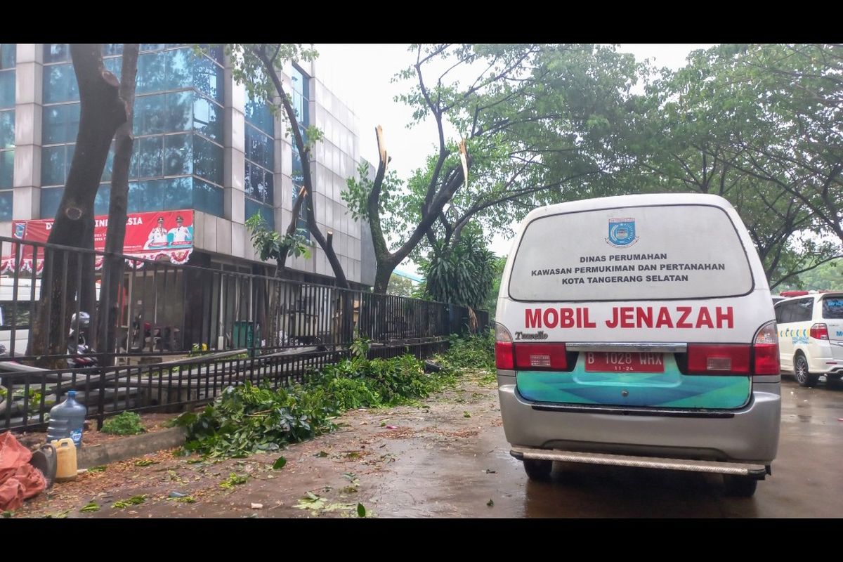 Pohon tumbang menimpa mobil ambulans pemulasaran jenazah Covid-19 di kawasan Serpong, Tangerang Selatan, Senin (20/9/2021).