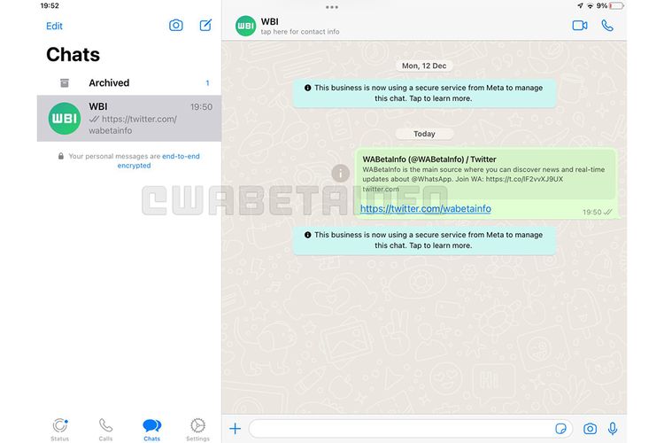 Tampilan WhatsApp versi iPadOS yang tengah dalam uji coba