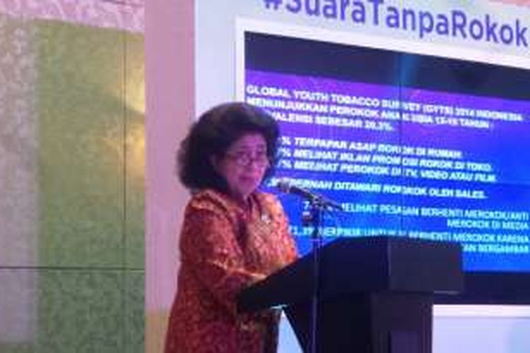 Menteri Kesehatan Nila F Moeloek memberi sambutan dalam acara peluncuran iklan layanan masyarakat 