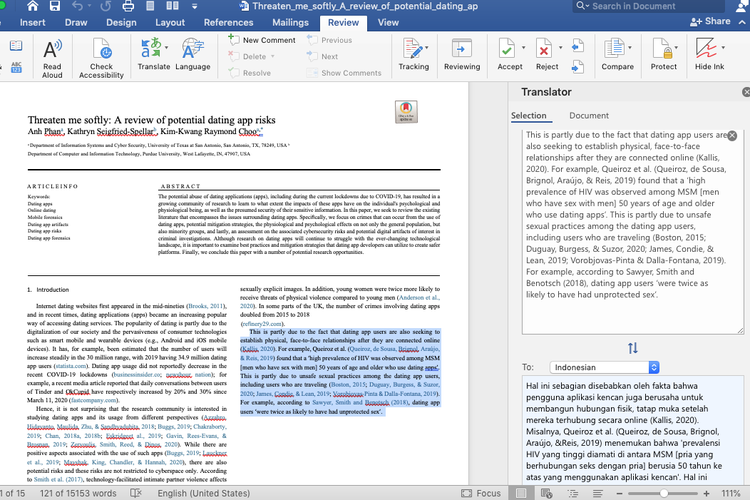 Ilustrasi cara translate jurnal di Microsoft Word