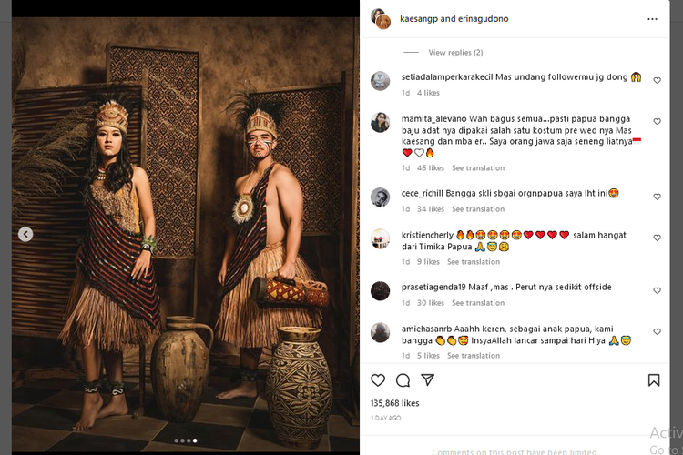 Foto prewedding Kaesang - Erina yang mengenakan pakaian adat Papua