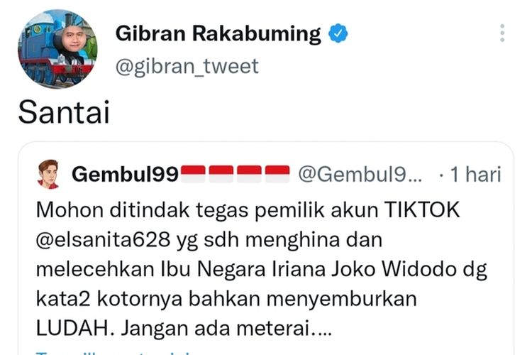 Tangkap layar postingan media sosial Twitter @Gembul99999, itu menujukan video dengan akun TikTok @elsanita628, yang berisi seorang wanita atau emak-emak melontarkan kata hinaan pada Iriana Jokowi hingga meludah, lantaran dirinya merasa lebih cantik dari Iriana Jokowi.