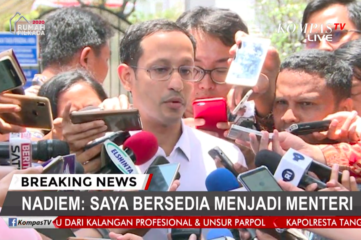 Nadiem Makariem seusai bertemu Presiden Jokowi di Istana Negara, Senin (21/10/2019).