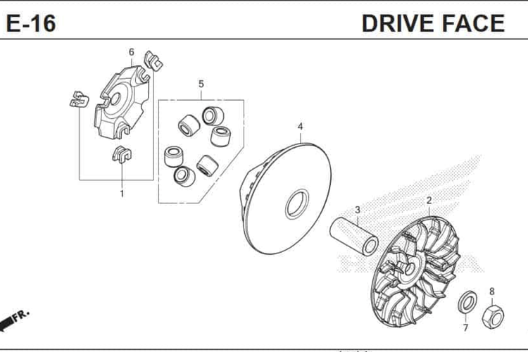 Diagram suku cadang Pulley dan roller CVT untuk Honda PCX