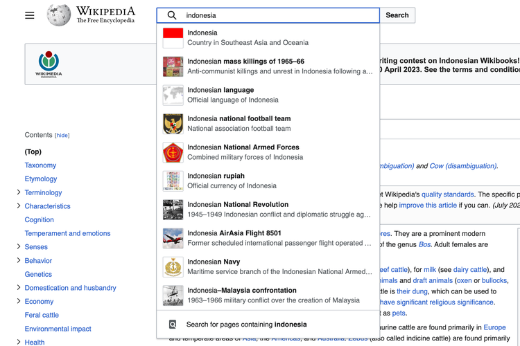 Tampilan search box Wikipedia yang baru (Kompas.com/Caroline Saskia Tanoto)