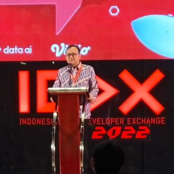 I Nyoman Adhiarna, Direktur Ekonomi Digital Kementerian Komunikasi dan Informatika memberikan sambutan di acara IGDX 2022 yang berlangsung di Bali, Sabtu (16/10/2022).