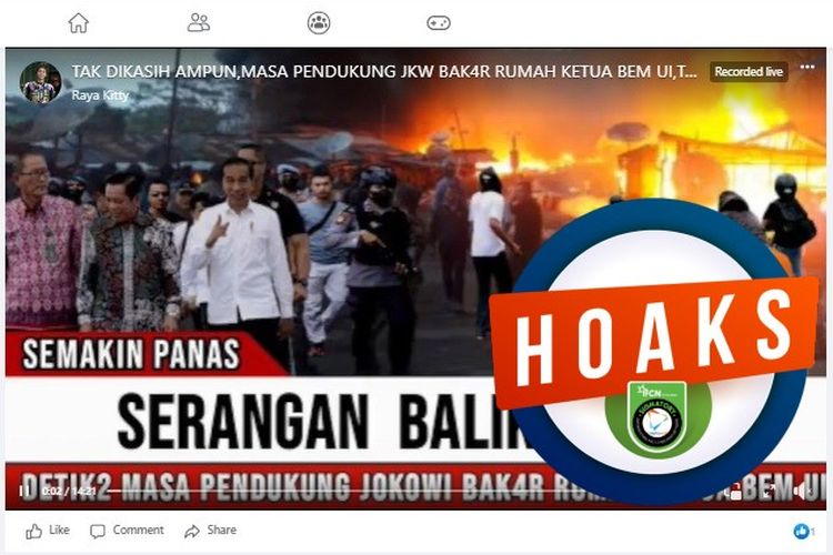 Tangkapan layar Facebook narasi yang menyebut pendukung Jokowi membakar rumah Ketua BEM UI