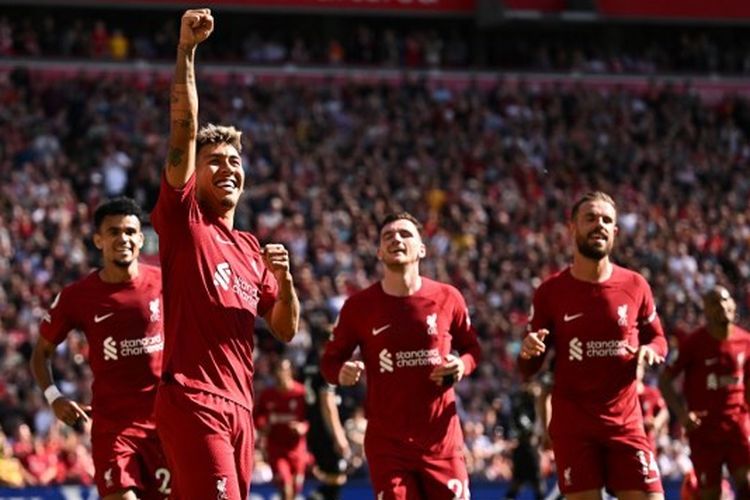 Penyerang Liverpool Roberto Firmino merayakan golnya ke gawang Bournemouth dalam laga yang lanjutan Liga Inggris musim 2022-2023 di Stadion Anfield, Sabtu (27/8/2022) malam WIB. Liverpool selanjutnya akan melawan Arsenal di Liga Inggris. Duel Arsenal vs Liverpool akan digelar di Stadion Emirates, Minggu (9/10/2022) malam WIB. 