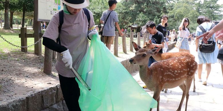 Seekor rusa di Taman Nara Jepang mendekati petugas kebersihan.