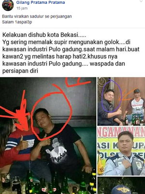 Tangkapan layar dari sebuah unggahan viral di media sosial Facebook yang menyebut salah satu anggota Dishub Kota Bekasi sering palak sopir menggunakan golok.