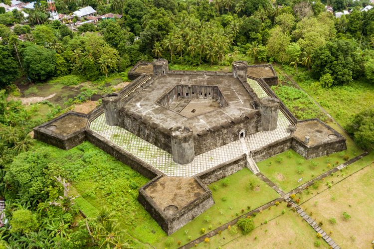 Aerial view of a pentagonal fort built by dutch during the spices war in the Banda Neira island, Maluku.