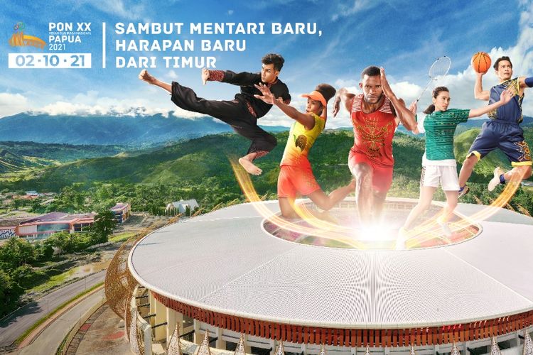 Poster PON XX Papua 2021 dengan latar belakang Stadion Lukas Enembe.
 
