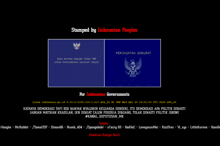 Tampilan situs Indonesia.go.id yang diretas hacker. Situs ini sedang down, tetapi masih bisa diakses via Wayback Machine.