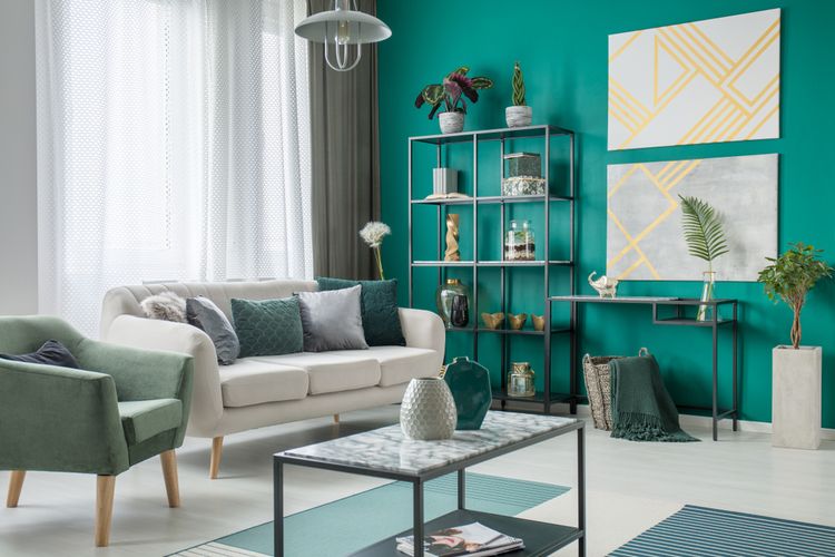 Ilustrasi ruang tamu dengan nuansa warna hijau. 