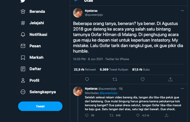 Tangkapan layar unggahan status akun twitter Nyelaras, perempuan yang mengaku korban pelecehan Gofar Hilman