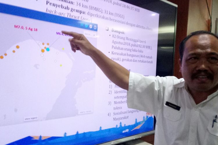 Kepala PVMBG Kasbani tengah menjelaskan gempa bumi yang terjadi di Lombok, NTB. Seperti diketahui gempa bermagnitudo 7 itu telah memakan puluhan korban jiwa dan merusakan ratusan bangunan.