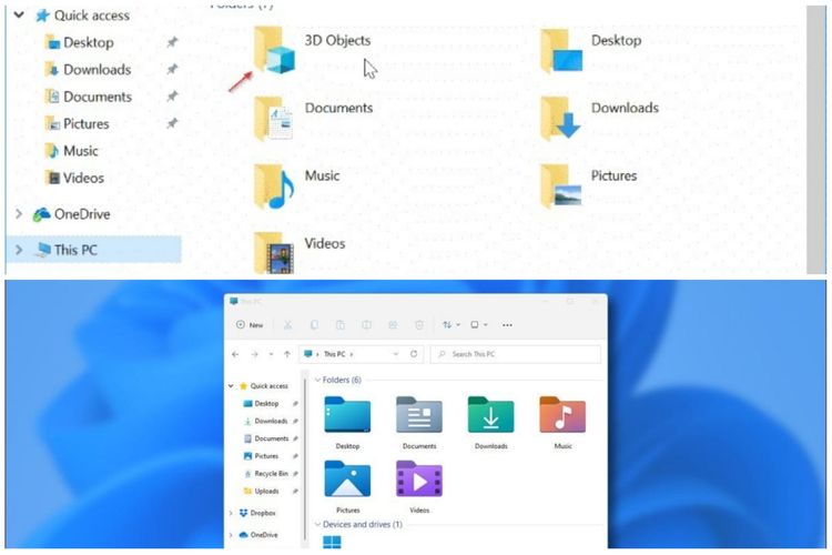 Perbandingan ikon folder di Windows 10 (kiri) dengan ikon folder di Windows 11 (kanan).