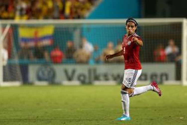 Salah satu ekspresi penyerang Manchester United, Radamel Falcao, ketika membela Kolombia pada laga persahabatan melawan Brasil, di Sun Life Stadium, Miami, 5 September 2014.