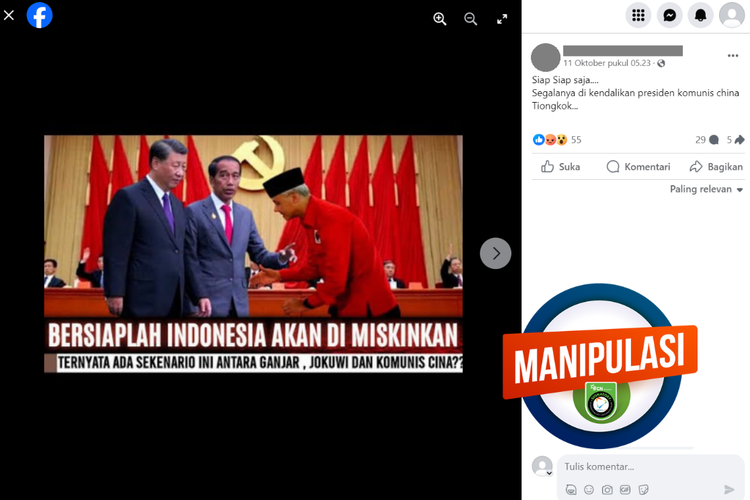 Tangkapan layar konten manipulasi di sebuah akun Facebook, Rabu (11/10/2023), berisi foto Ganjar Pranowo hendak bersalaman dengan Presiden China Xi Jinping.