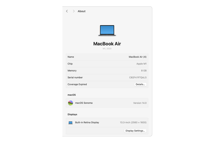 Ilustrasi cara melihat spesifikasi Macbook lewat menu pengaturan.