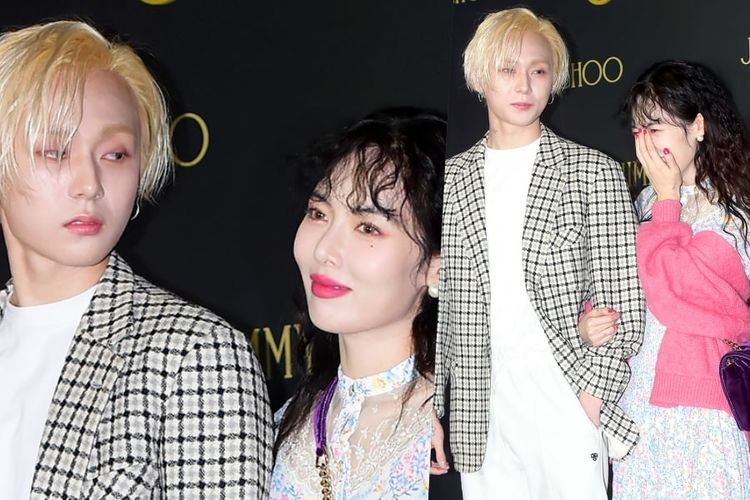 HyunA dan E'Dawn saat datang sebagai tamu dalam acara peluncuran sepatu diamond sneaker Jimmy Choo, Kamis (29/11/2018)