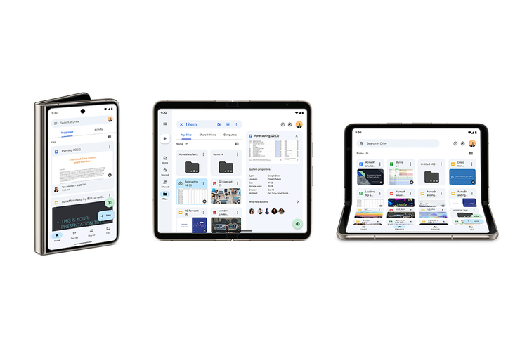 Google Drive akan menyesuaikan tampilan layar berdasarkan posisi perangkat lipat, seperti kondisi terlipat, dibentangkan, hingga setengah terlipat
