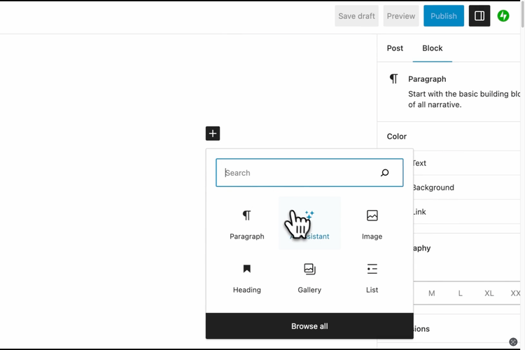 Cara menggunakan Jetpack AI Assistant di Wordpress dengan mengeklik ikon + (tambah) dan blok AI Assitant bakal muncul di halaman kerja