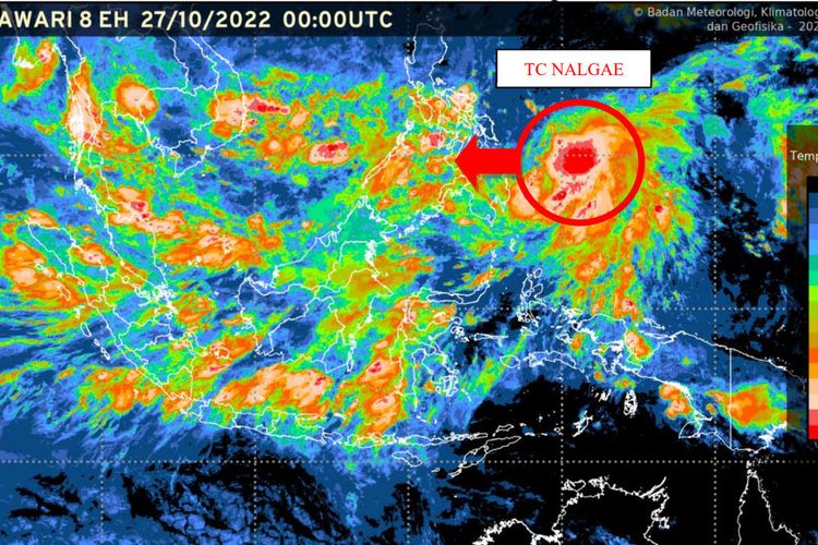 Siklon Tropis Nalgae dilihat dari Citra Satelit pada 27 Oktober 2022, pukul 07.00 WIB. Citra satelit ini dipublikasikan oleh BMKG