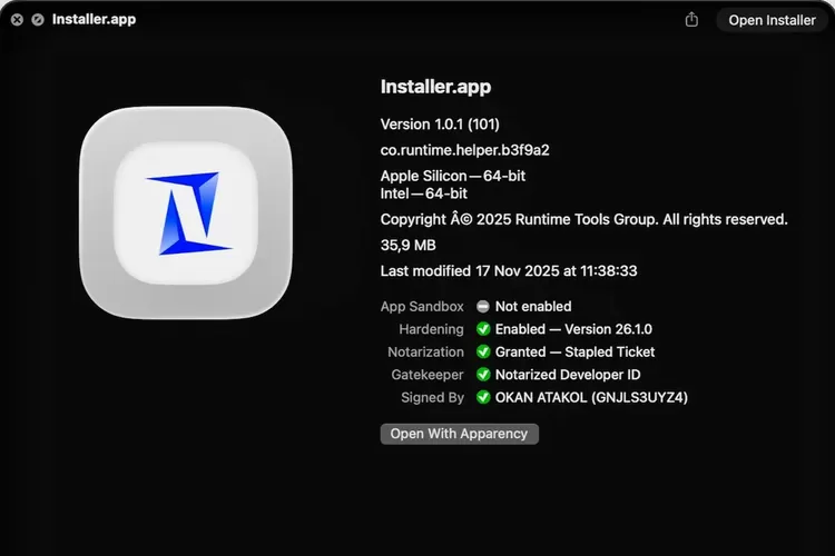 Detail aplikasi installer yang menunjukkan notarisasi palsu dari Apple.