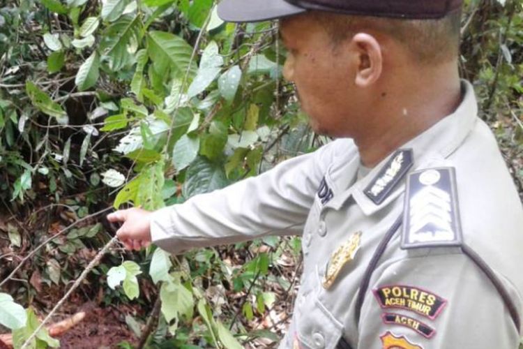 Polisi memperlihatkan bangkai gajah di Kompleks Conservation Respon Unit (CRU) Desa Bunin, Kecamatan Serbajadi, Kabupaten Aceh Timur, Sabtu (9/6/2018).