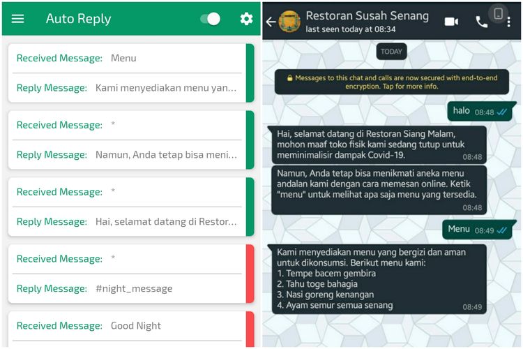 Tampilan daftar balasan otomatis di aplikasi Auto Reply (kiri) dan ilustrasi balasan di aplikasi Whatsapp (kanan).