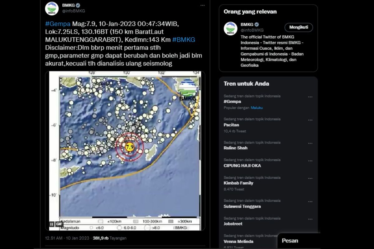 Hari Selasa 10 Januari 2023 pukul 00.47.34 WIB wilayah Pantai Utara Maluku Barat Daya, Maluku diguncang gempa bumi tektonik. Gempa Maluku akibat subduksi Laut Banda.