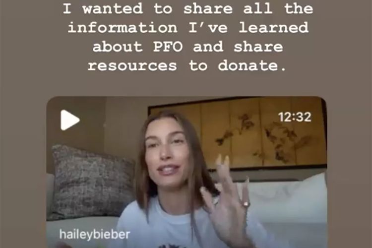 Tangkap layar Instagram Story Hailey Bieber soal stroke dan PFO.