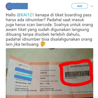 Unggahan salah satu akun twitter yang menanyakan tentang pencantuman nomor identitas pada tiket kereta api.