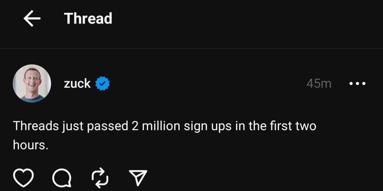 Tangkapan layar postingan Zuckerberg yang mengeklaim jumlah pengguna Threads tembus 2 juta setelah 2 jam dirilis.