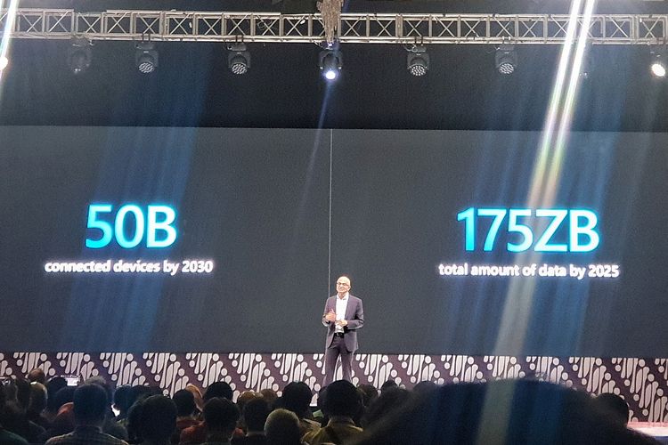 CEO Microsoft, Satya Nadella, saat memberikan keynote di acara Digital Economy Summit 2020 di kawasan SCBD Jakarta, Kamis (28/2/2020).