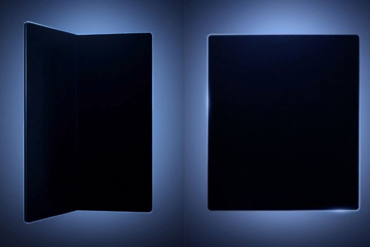 Wujud Samsung Galaxy Z Fold 7 Ultra dalam teaser yang dibagikan Samsung.